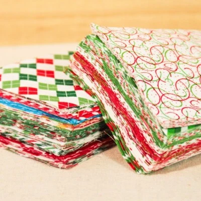 60 Charm Squares Pack Cotton Christmas Fabric Quilted Fabric DIY Holiday Sewing - Image 1 of 4
