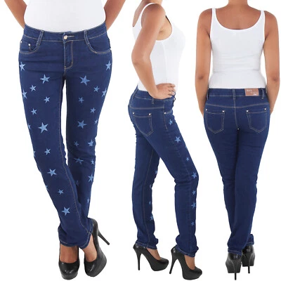 Damen Hose Röhrenjeans Hüft Stretch Jeans Blau Sterne Übergröße bis 4XL / 48 - Bild 1 von 4