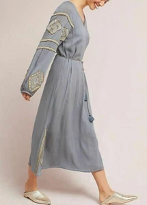Anthropologie Dress Tunic Large Petite Gray V-Neck Beaded Belted Midi Boho - Picture 1 of 10