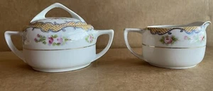 Nippon Hand Painted Sugar Bowl With Lid & Creamer, Pink Blossoms pre-owned - Picture 1 of 5