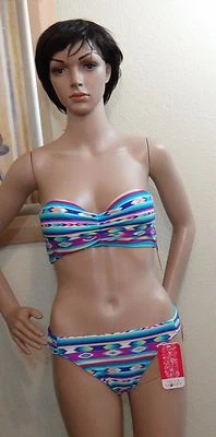 NWT HULA HONEY multi geo&stripe bandeau swim top & tab side bottom set, junior M - Image 1 of 4