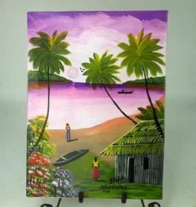 Vintage Honduras Painting Villagers Sunset Baiza 12" x 9" - Picture 1 of 9