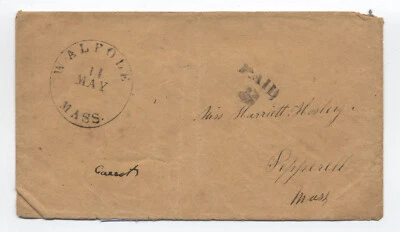 1850s Walpole MA stampless cover black CDS and paid 3 rate [6861.151] - Image 1 of 3