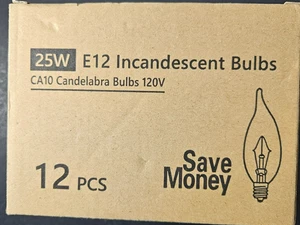 12 Pack Chandelier Bulbs 25W Watt 120V CA10 Flame Tip Candelabra E12 Clear - Picture 1 of 5