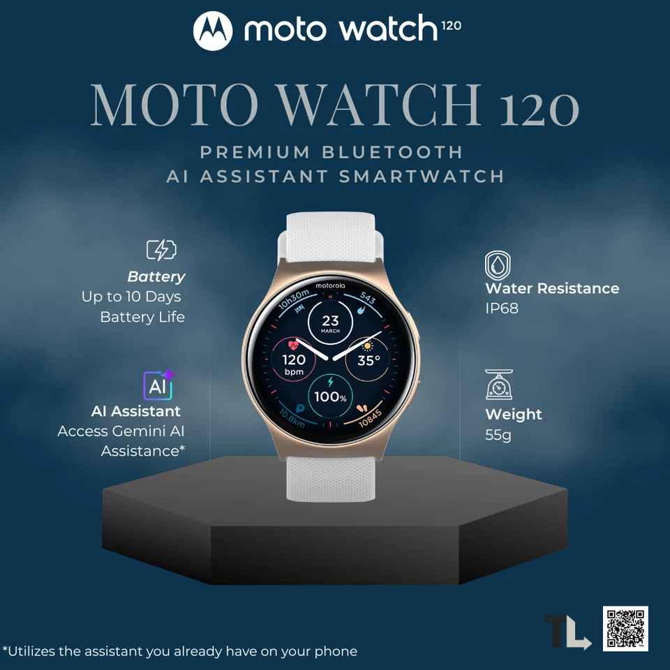 Moto Watch 120 Smartwatch AMOLED Display, Fitness Tracker, AI Assistant, IP68 - Image 1 of 4