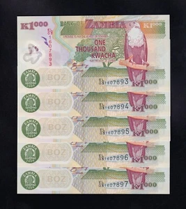 F.C. ZAMBIA , LOTE 5 UNIDADES DE 1000 KWACHA 2008 , S/C ( UNC ) , P.44f . - Imagen 1 de 2