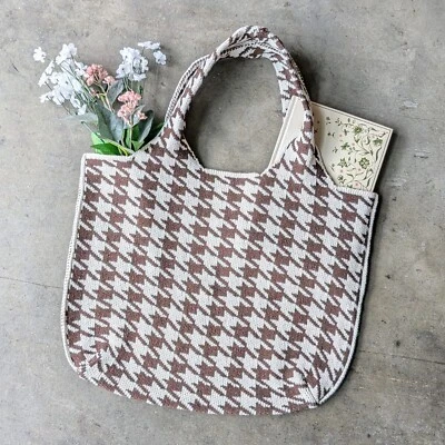 Bolso de Mano Anthropologie Tejido Estampado Marrón Pata de Gallo Foto 1 de 4