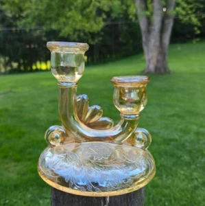 Vintage Amber Marigold glass Iridescent Double Candlestick Holder floral Etched - Picture 1 of 8