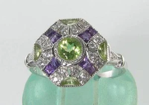 SUFFRAGETTE 9k 9CT WHITE GOLD AMETHYST PERIDOT DIAMOND ART DECO INS RING Free Sz - Picture 1 of 6