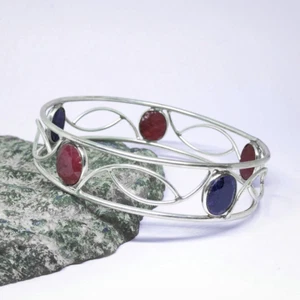 Natural Ruby and Sapphire Bangle, 925 Sterling Silver Bracelet, Victorian Band. - Picture 1 of 4