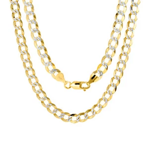 14K Yellow Gold Solid 6mm White Pave Diamond Cut Curb Cuban Chain Necklace 20" - Picture 1 of 11