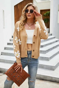 Women Flower Pattern Button Front Cardigan Sweater - Picture 1 of 43