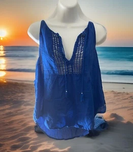 Hollister Size L Blue Crochet Open Knit Racerback Tank Top/ Swim Cover/Festival - Picture 1 of 6