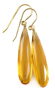14k Gold Champagne Simulated Topaz Earrings Large Long Teardrops Sterling 2 Inch - Picture 1 of 6