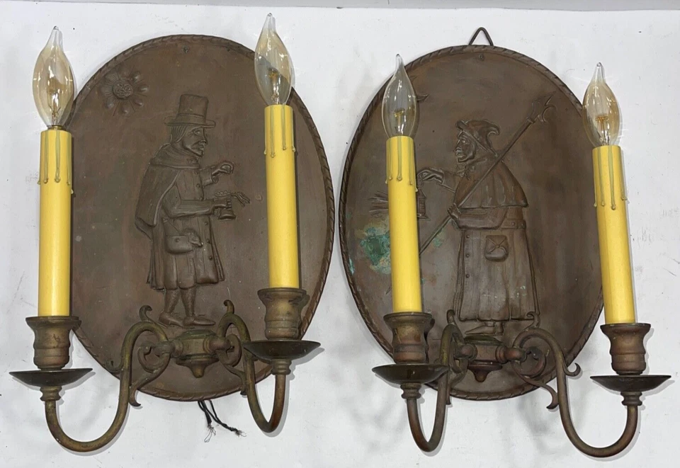 Vintage Pair of Renaissance Revival style copper two-light wall sconces- England - Image 1 of 4