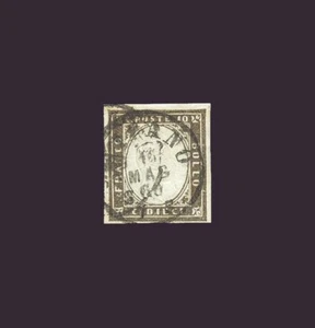 1860 Sardinien: 10c. Schwarz Offwhite (No 14Bc) Ben Marginato. Cert. M.Manzoni ( - Bild 1 von 2