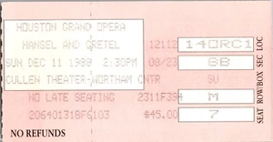 Biglietto Hansel + Gretel Opera Stub Houston Grand Musical Concert 12/11/1989 - Foto 1 di 2