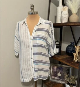 Rails Finley Shirt Mixed Agean Blue Stripe Linen Blend Women’s SIZE SMALL - Picture 1 of 13