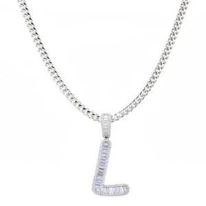 Unisex Iced CZ Baguette Silver Plated L Initial Pendant Necklace 20" Cuban Chain - Picture 1 of 4