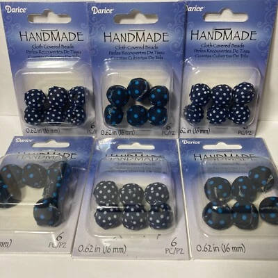 Darice Hand Made Cloth Covered Beads Polka Dot Blue White Jewelry Making Crafts - Image 1 of 4