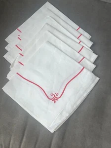 White + Red Linen Napkins with Cool Ribbon Design-Set of 6 -   17" Square- Nice - Picture 1 of 6
