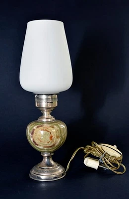 lampada da comodino / tavolo vintage abatjour in onice e argento - Immagine 1 di 2