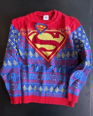 SUPERMAN RED & GREEN CHRISTMAS SWEATER. DC Comics.  Large. Free Shipping - Image 1 of 4