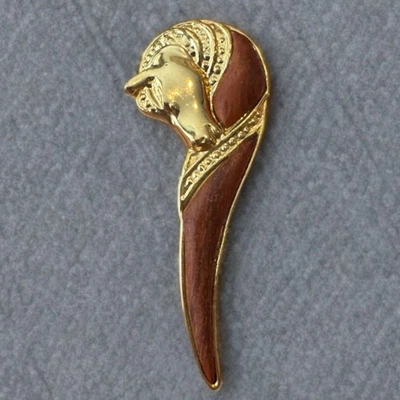 Vintage Horse Head Brooch Gold Tone & Wood Inlay Long Figural Equestrian Pin - Image 1 of 4