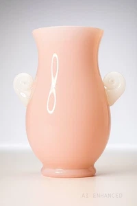 Pink Cased Opaline Vase w/ White Scroll Handles – Czech Art Glass Steuben Style - Picture 1 of 12