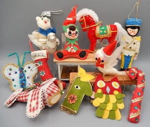 Vintage 1970s Christmas Ornaments Collection Felted Horse Airplane Dove - Picture 1 of 15