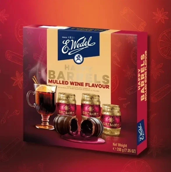 Caramelos rellenos de chocolate negro sabor vino caliente Happy Barrels 7,05 oz - 200 g Foto 1 de 3