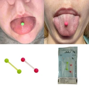 STERILIZE PACK: PAIR Neon Pink & Green Flexible Lightweight 14g Tongue Barbells - Picture 1 of 13