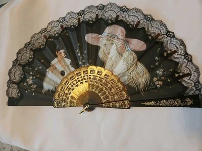 Vtg Handpainted Blk Lace Hand Fan PIERETTE CLOWN & WMN IN HAT - Image 1 of 4