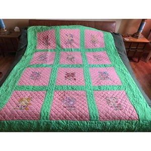 Vintage Hand Sewn Quilt 12 Months Embroidered Flowers Cover Throw Green Pink - Picture 1 of 14