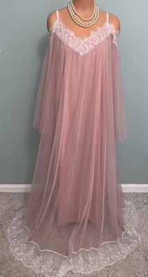 New SHEER Chiffon Nightgown Off Shoulder 1X  Slip Dress Wide LACE Romantic - Image 1 of 4