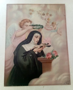 Vintage Antique SAINT RITA Tin Print by John Duffy Church Religious Metal Art - Picture 1 of 10