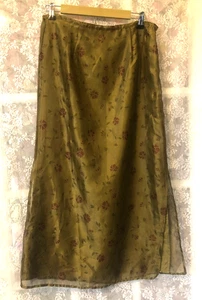 Vintage 90s Kathie Lee M/L bronze Chiffon Overlay Maxi Skirt red Floral Y2K - Picture 1 of 5