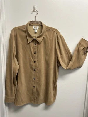 Talbots Womens Plus Size 2X Tan Stretch Faux Suede Button Up Shirt Shacket - Image 1 of 4