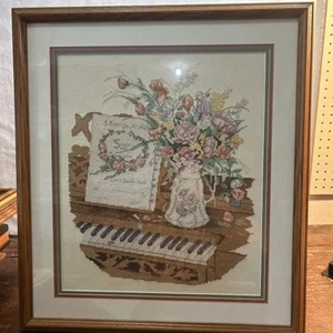 Framed Cross Stitch Completed Matted Piano Love Song 20x24 - Picture 1 of 5