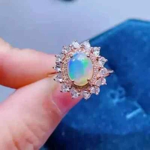 Natural Fire Opal 2.20Ct Oval Cut Halo Women Wedding Ring 14K Rose Gold Plated - Picture 1 of 7