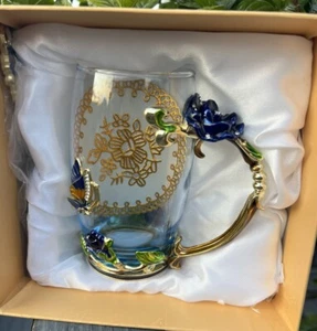 Luxury Unique Set Glass Tea Cup Royal Blue Rose Coffee Mug Gold Enamel Gift New - Picture 1 of 8