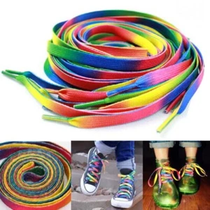 3 Pairs Shoe Laces Flat Coloured Rainbow Boot Ties Kids Adult Trainer 8mm Wide - Picture 1 of 3
