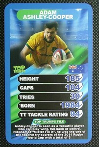 1 x card Top Trumps 2015-16 World Rugby Stars Adam Ashley-Cooper ≠ T19