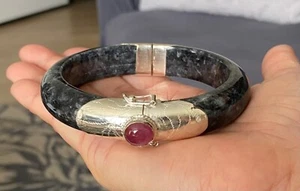 7,6" 925 Silber Handarbeit echt schwarz burmesische Jade Rubin Damen Armreif Armband - Bild 1 von 10