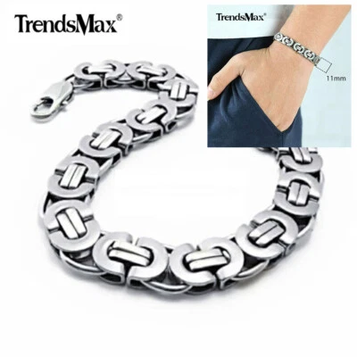11mm Heavy Silver Flat Byzantine Stainless Steel Chain Bracelet Men's Link 8.5" - Image 1 of 4