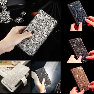 Women's Luxury Diamond Flip Leather Bling Glitter Wallet Case Stand Holder Cover - Picture 1 of 21