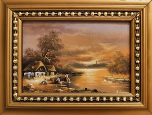 Bild Öl auf Holz Waschfrauen in der Abendsonne 16 x 11 cm / 33x28 signiert - Picture 1 of 14
