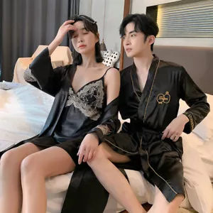 Mens Women Silk Satin Pajamas Lovers Satin Silk Robe Summer BathRobe Couples 3XL - Picture 1 of 16