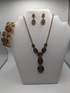 Vintage Napier Amber Marbled Lucite Parure All Signed - Picture 1 of 12