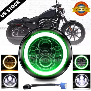 7" LED Headlight Green Angel Eyes For Harley-Davidson Honda Yamaha Motorcycle US - Picture 1 of 20
